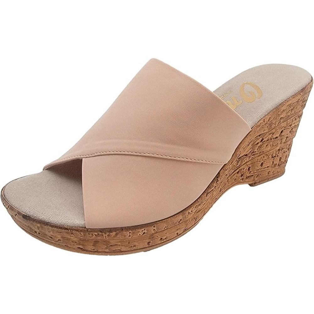 Women's Onex Leather Wedge Slide Sandals Champagne Nude Beige Made in Italy SZ 7